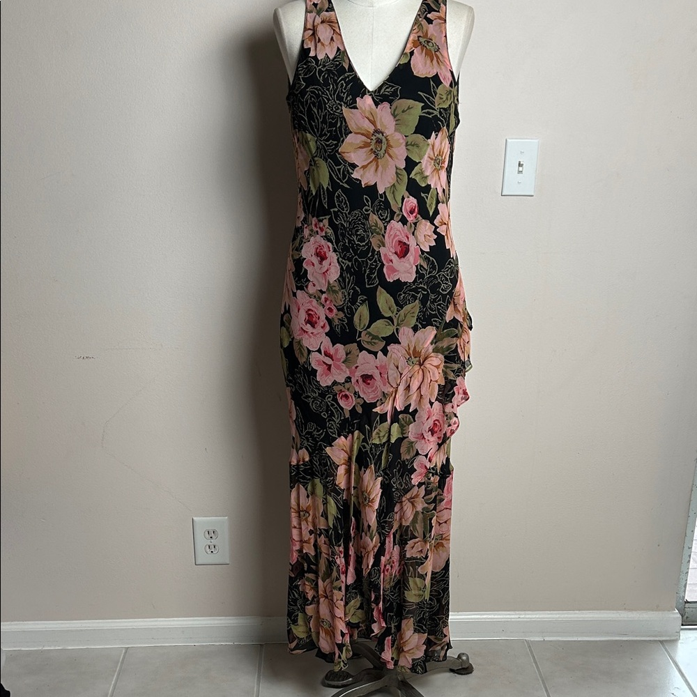 Vintage Eva Blue Chiffon Floral Layered Skirt Maxi Black Pink Dress size 12